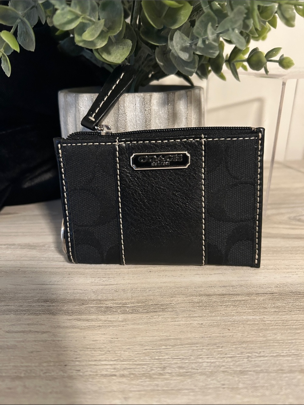 Coach Black Signature Stripe Card Case with Silver Plaque NWOT